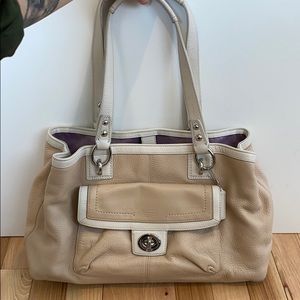 Coach Beige and White Leather Shoulder Bag with Purple Lining